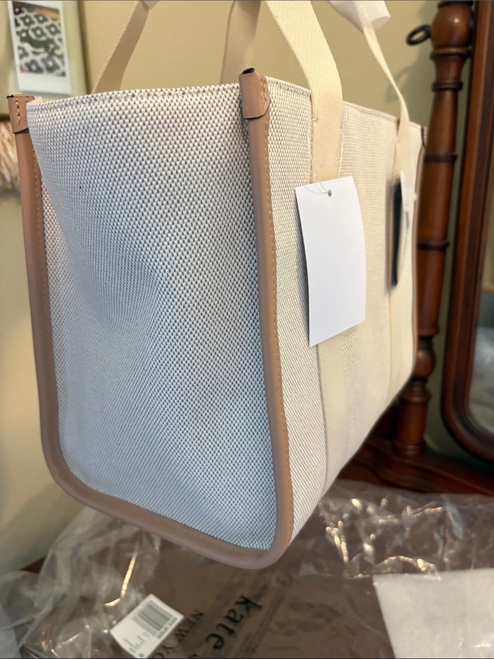 kate spade Cream and Blush Canvas Tote with Branded Straps